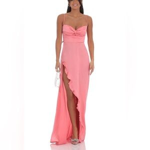 Lucy in the Sky Satin Front Twist Strappy Maxi Dress in Coral Size Large